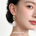 Gold Wide Hoop White Pearl Flower Petal Drop Earrings view 2