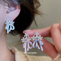 Pastel Bow and Flower Drop Stud Earrings in Three Colors view 2