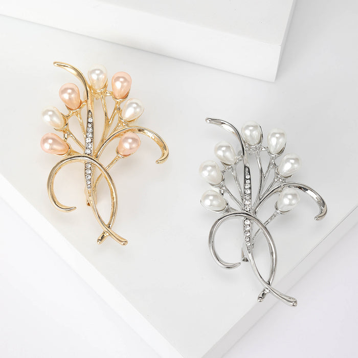 Pearl Floral Branch Bow Brooch With Faceted Crystals And Polished Metal Details