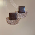 Wood Square and Woven Semicircle Statement Stud Earrings view 6