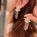 Silver Tone Flower Stud Earrings with Crystal Chain Tassels view 1