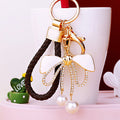 White Enamel Bow Keychain with Crystal Ribbons and Pearl Dangles view 4