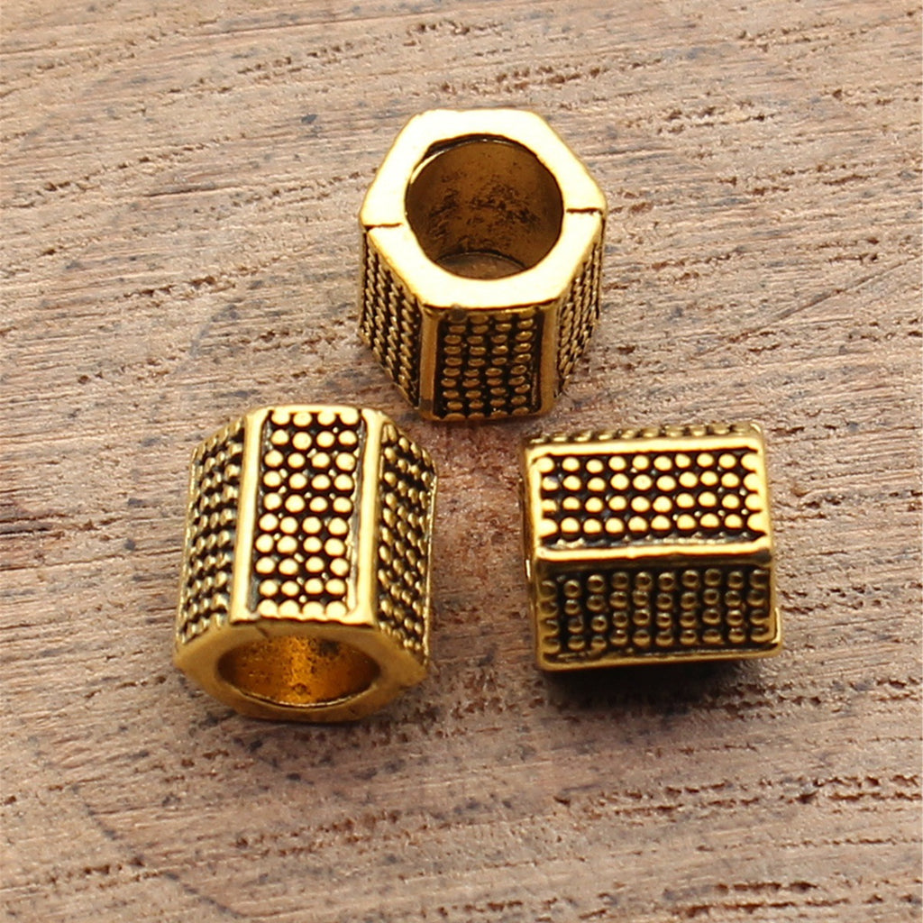 7.9x7.6x7.6mm 1.6g Antique Gold Zinc Alloy Pitted Hexagon Prism Large Hole Beads for DIY Jewelry Making