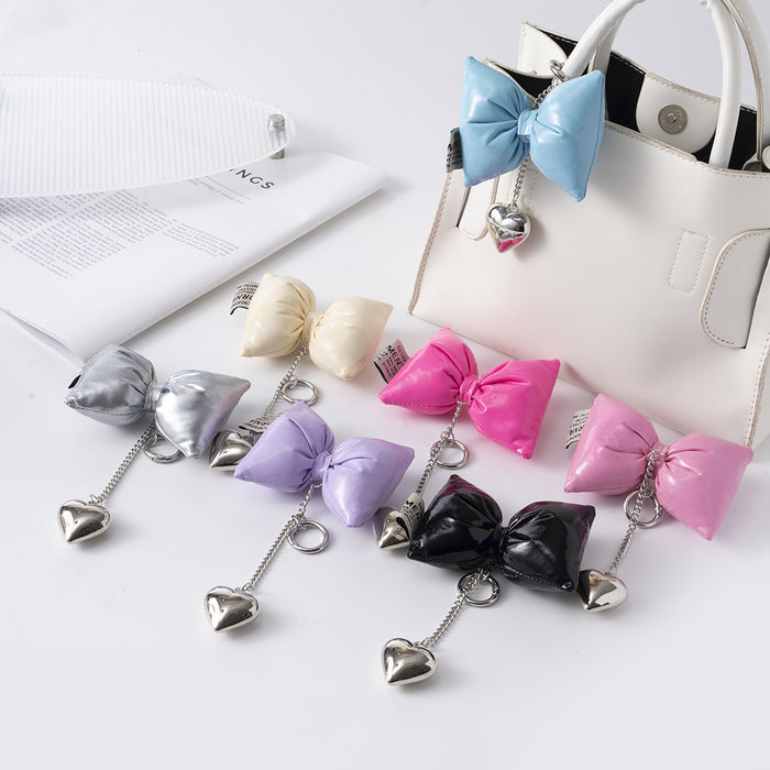 Puffy Patent Bow Keychain with Dangling Heart Charm