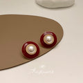 Red Enamel Circular Pearl Stud Earrings Gold Rim Vintage view 3