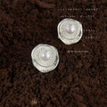 Silver Layered Ruffle Disc Pearl Center Stud Earrings view 3