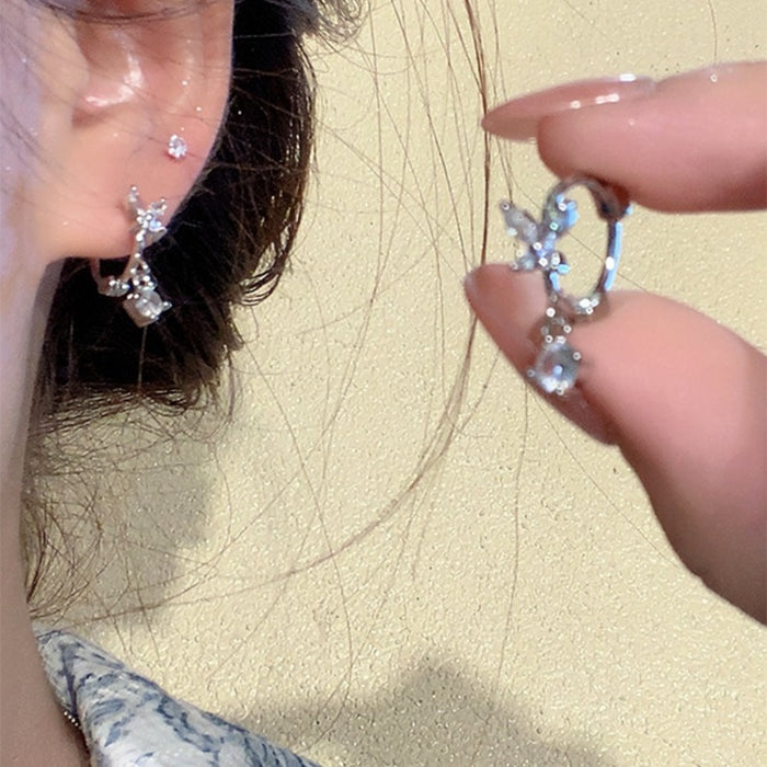Silver Tone Crystal Butterfly Huggie Hoop Earrings