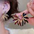 Red And Navy Leaf Cluster Stud Earrings In Gold Tone view 2