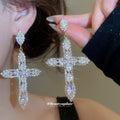 Crystal Cross Dangle Earrings in Gold or Silver Tone view 3
