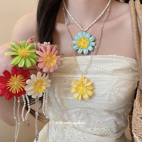 Large daisy pendants on white faux pearl strands shown in a styled front view.