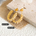 Pearl and Zircon Open C-Shape Hoop Earrings Gold Steel view 2