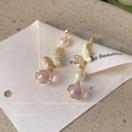 Gold Tone Textured Leaf Pearl And Pink Stone Drop Stud Earrings view 4