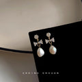 Gold CZ Round Stud Bow Baroque White Pearl Drop Earrings view 4