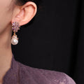 Purple Crystal Cluster Stud Earrings with Pearl Look Drops view 4