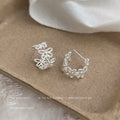 Silver Openwork Flower Lace Half Hoop Stud Earrings view 1