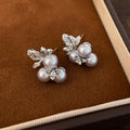 Silver Tone Flower and Gray Bead Cluster Stud Earrings view 4