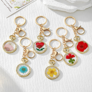 Round Pressed Flower Keychains with Split Rings and Clips