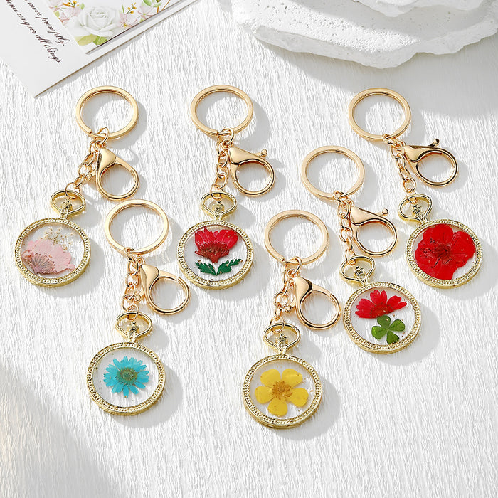 Round Pressed Flower Keychains with Split Rings and Clips