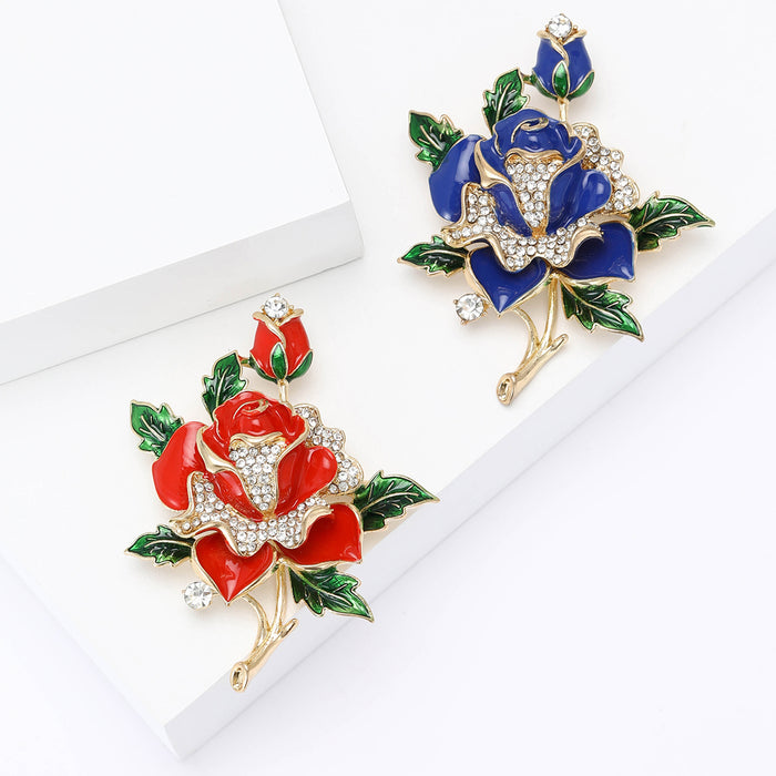 Enamel Rose Brooch Red or Blue Rhinestone Gold Leaf Pin