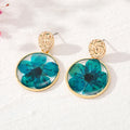 Gold Tone Round Pressed Flower Drop Stud Earrings in Six Designs view 3