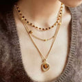 Gold Tone Round Brown Stone Layered Pendant Necklace view 1