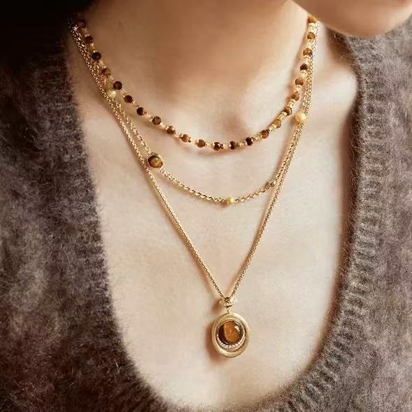 Gold Tone Round Brown Stone Layered Pendant Necklace