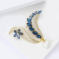 Blue Crystal Floral Plume Brooch With Pearl Drop and Gold Tone Arcs view 4