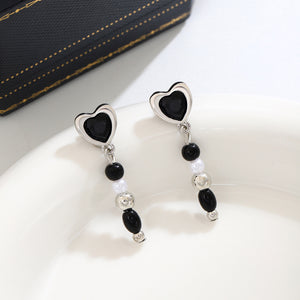 Black Heart Stud Earrings with Beaded Silver-Tone Drops in Zinc Alloy