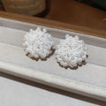White Beaded Cluster Flower Stud Earrings With Rounded Petals view 6
