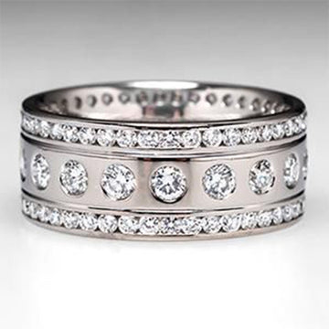 Wide Three Row Round White Stone Ring in Silver Tone