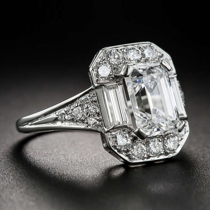 Silver Tone Emerald Cut CZ Halo Ring With Baguette Sides