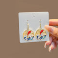 Gold Tone Koi Fish and Blue Wave Round Hook Earrings view 3