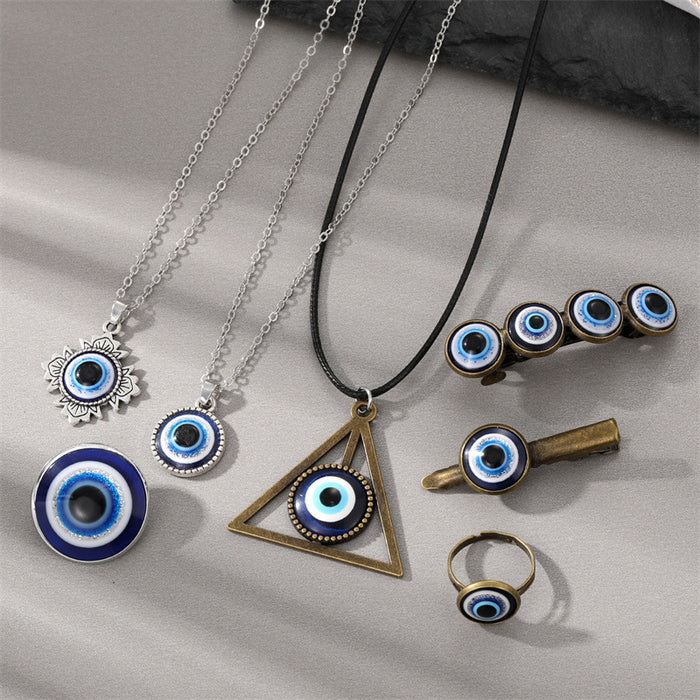Antique Gold Tone Blue Evil Eye Hair Clips Ring Brooch and Necklaces