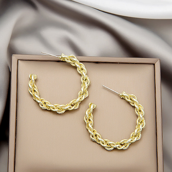 Gold and Silver Braided Chain Open C Hoop Stud Earrings