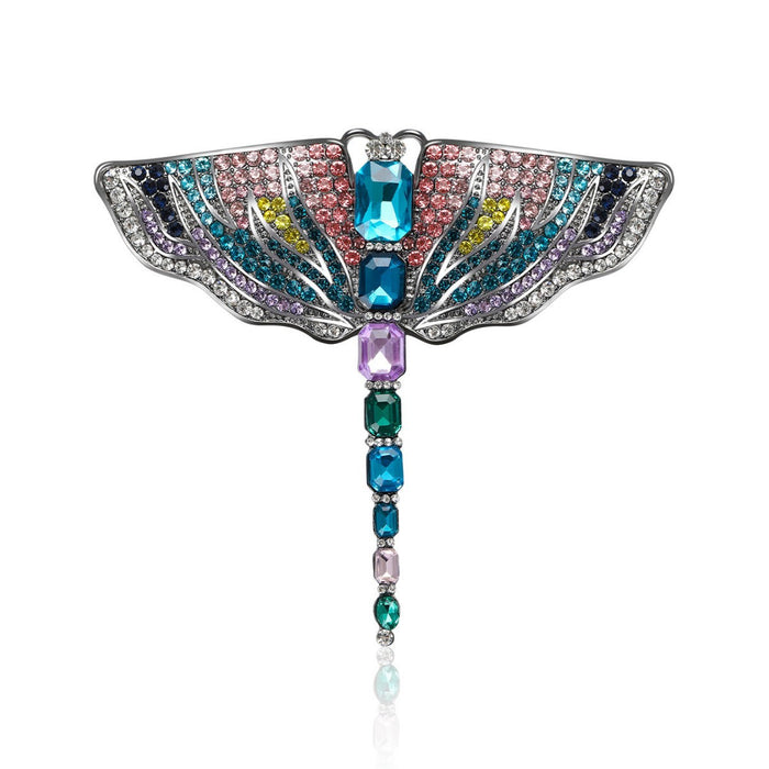 Multicolor Crystal Dragonfly Metal Brooch with Long Tail