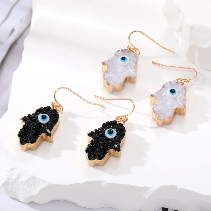Gold Tone Black and White Druzy Hamsa Blue Evil Eye Hook Earrings