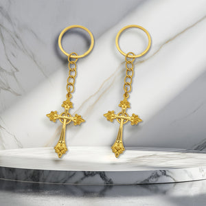 Gold-Tone Metal Ornate Cross Keychain, Single Or Pouch And Tag Set