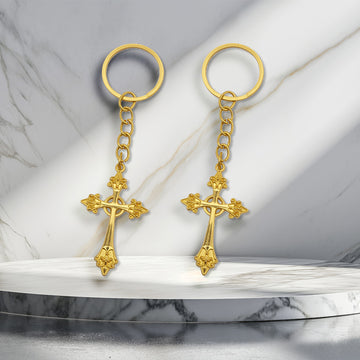 Gold-Tone Metal Ornate Cross Keychain, Single Or Pouch And Tag Set