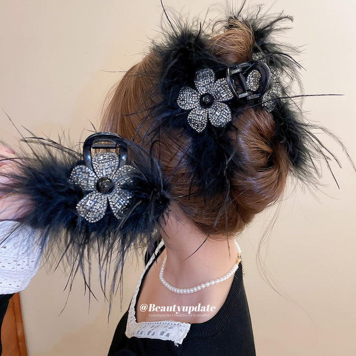 Black Feather Rhinestone Flower Small Shark Claw Hair Clip