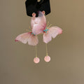 Pink Fabric Butterfly Earrings With Long Bead Drop Tassels view 3