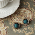 Antique Gold Teal Round Stud Earrings Beaded Black Border view 1