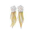 White Flower And Gold Tone Chain Tassel Stud Earrings view 5
