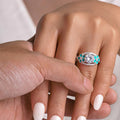 Silver Tone Turquoise Enamel Flower Ring Large Clear Center view 3
