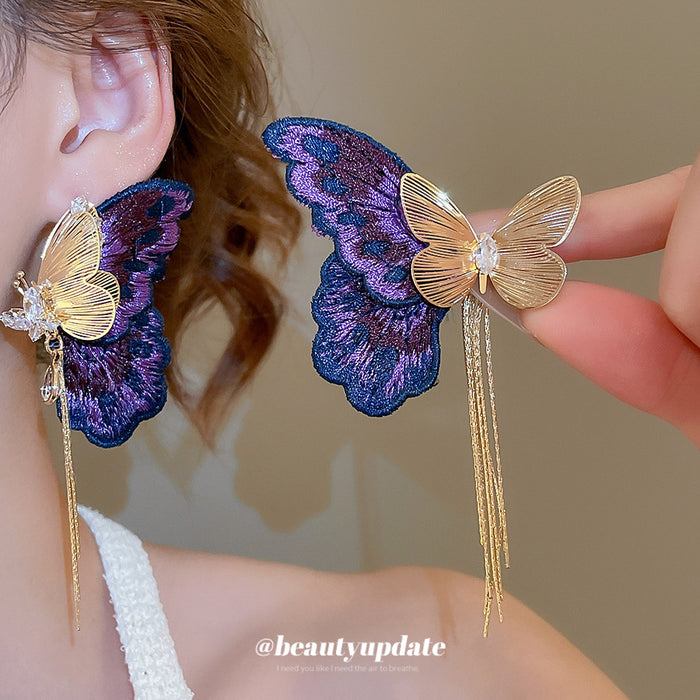 Purple Embroidered Butterfly Earrings with Gold Tone Tassels