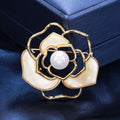 Openwork Camellia Brooch With White Pearl and Gold Tone Petals view 4