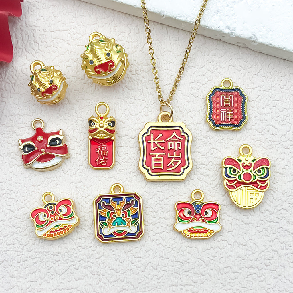 Sand Gold Zinc Alloy Lion Dance Enamel Charm Pendant for DIY Bracelet Necklace
