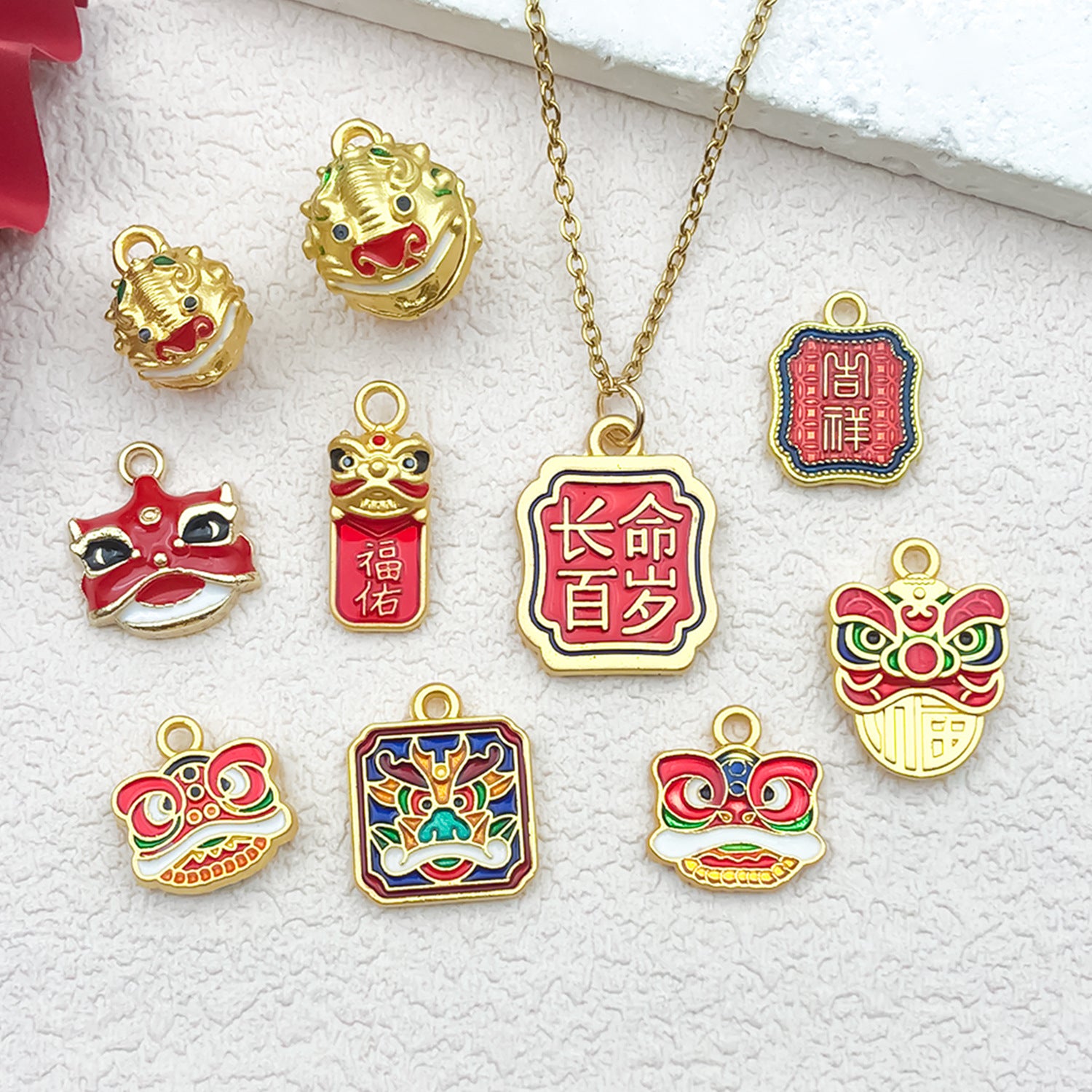 Sand Gold Zinc Alloy Lion Dance Enamel Charm Pendant for DIY Bracelet Necklace