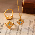 Gold Square Evil Eye Pendant Necklace Matching Ring Set view 2