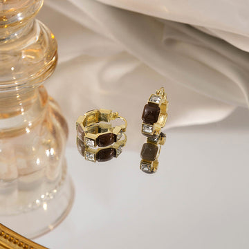 Brown Square Crystal Look Gold Tone Small Huggie Earrings