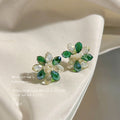 Green Clear Crystal Glass Flower Stud Earrings Pearls view 1